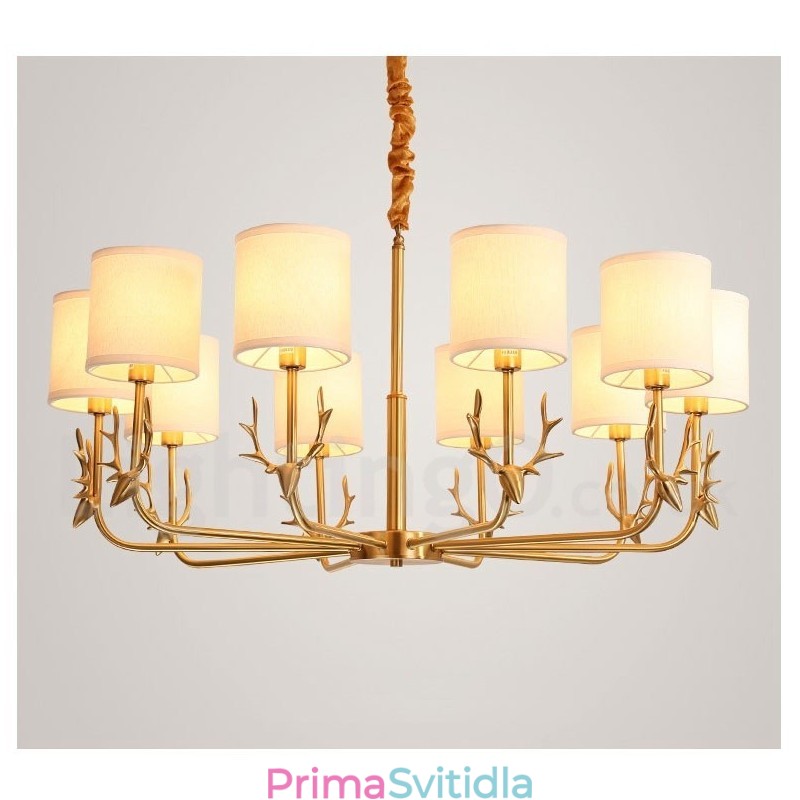 Pure Brass luxusní rustikální retro vintage mosazný závěsný svíčkový lustr s látkovými stínidly