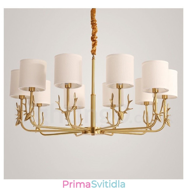 Pure Brass luxusní rustikální retro vintage mosazný závěsný svíčkový lustr s látkovými stínidly