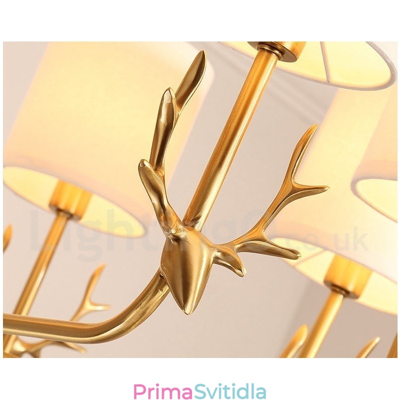 Pure Brass luxusní rustikální retro vintage mosazný závěsný svíčkový lustr s látkovými stínidly