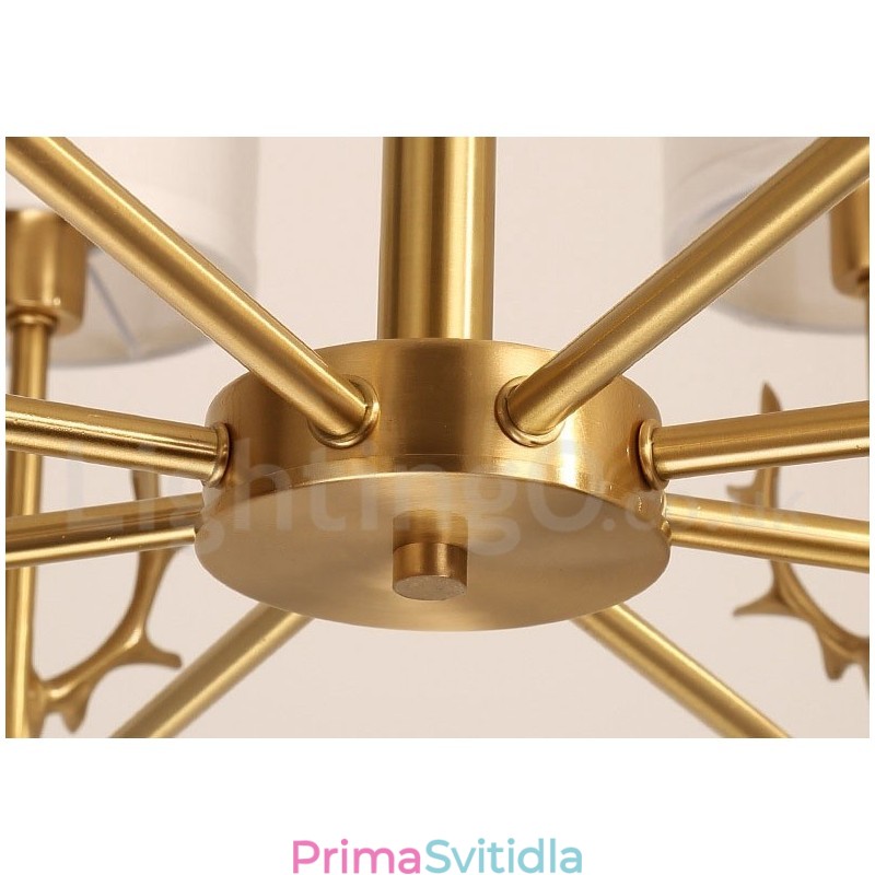 Pure Brass luxusní rustikální retro vintage mosazný závěsný svíčkový lustr s látkovými stínidly