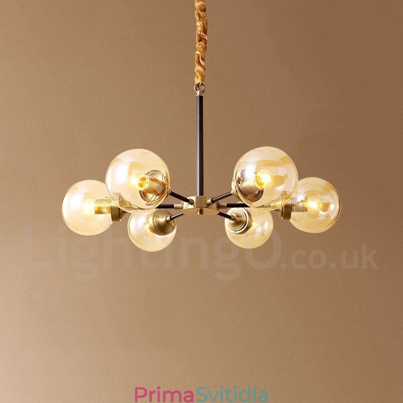 Pure Brass luxusní rustikální retro vintage mosazný závěsný lustr se skleněnými stínidly