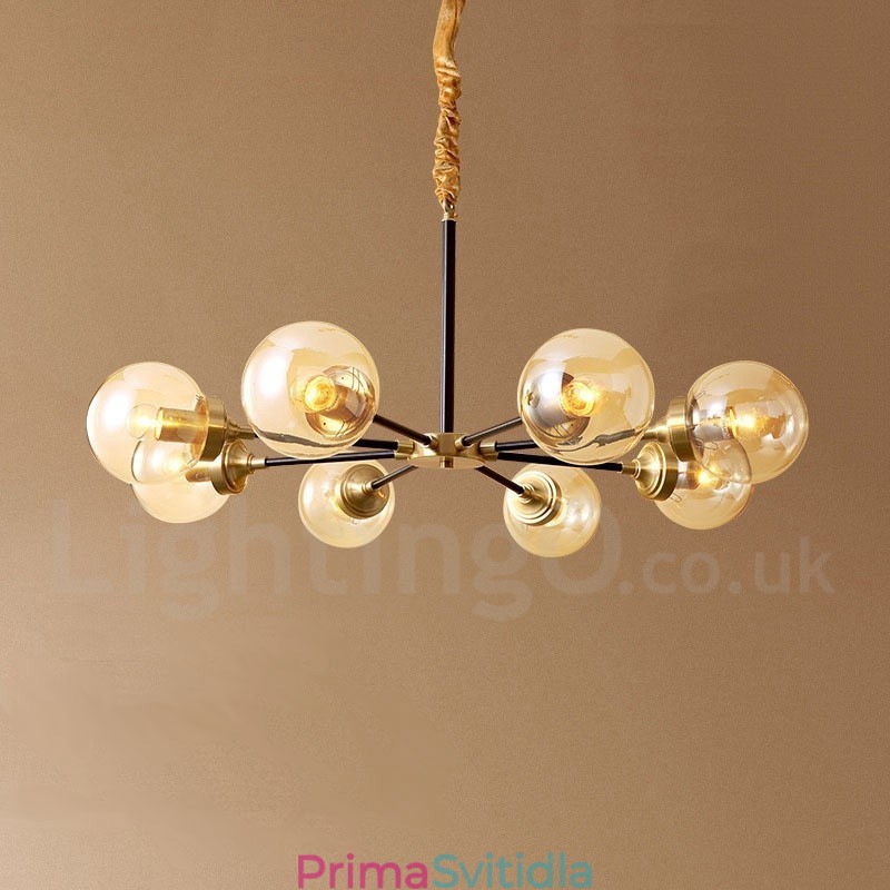 Pure Brass luxusní rustikální retro vintage mosazný závěsný lustr se skleněnými stínidly
