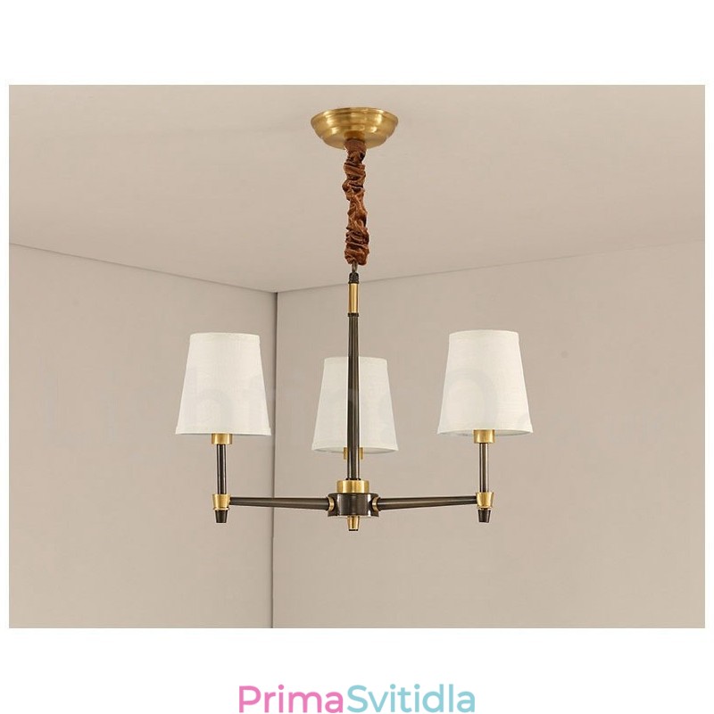 Velký luxusní rustikální retro vintage mosazný závěsný lustr z čisté mosazi s látkovými stínidly