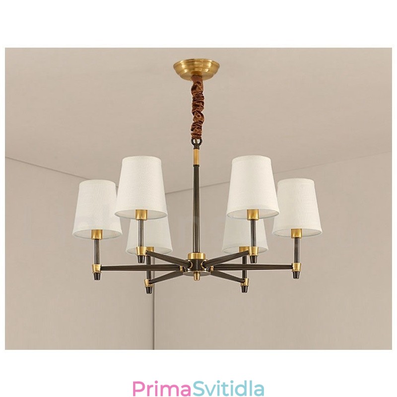 Velký luxusní rustikální retro vintage mosazný závěsný lustr z čisté mosazi s látkovými stínidly
