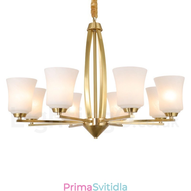 8 Light Pure Mosaz velký luxusní rustikální retro vintage mosazný závěsný lustr se skleněnými stínidly