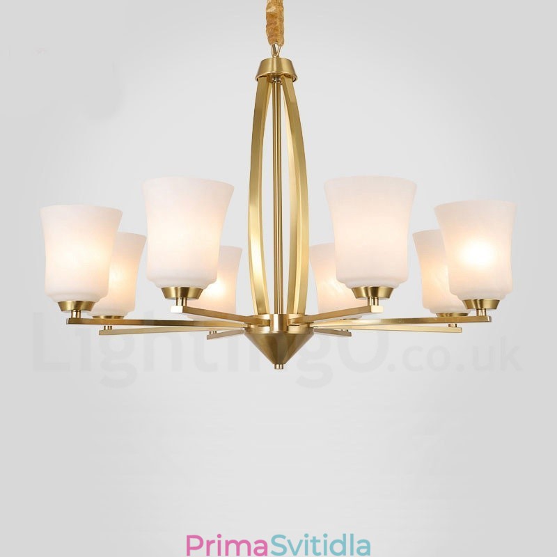 8 Light Pure Mosaz velký luxusní rustikální retro vintage mosazný závěsný lustr se skleněnými stínidly