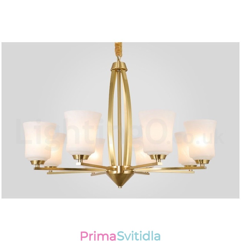 8 Light Pure Mosaz velký luxusní rustikální retro vintage mosazný závěsný lustr se skleněnými stínidly