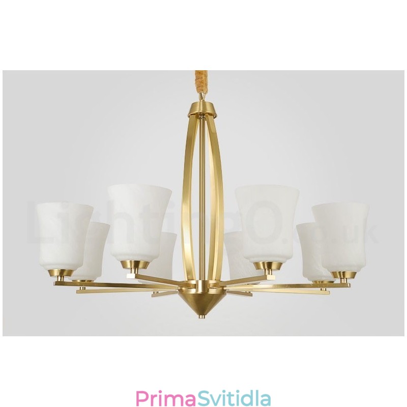 8 Light Pure Mosaz velký luxusní rustikální retro vintage mosazný závěsný lustr se skleněnými stínidly