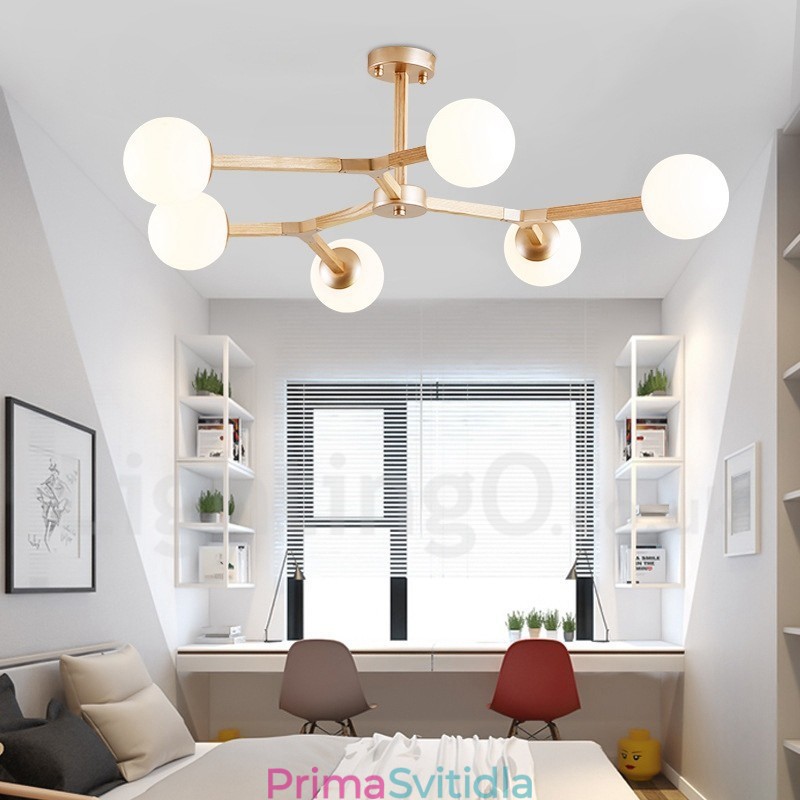 Dřevěný Nordic Modern Magic Bean Wood Molekulární lustr se skleněnými stínidly