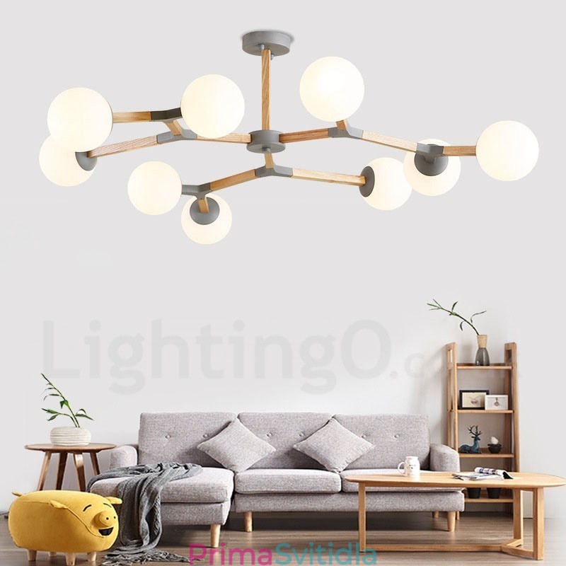 Dřevěný Nordic Modern Magic Bean Wood Molekulární lustr se skleněnými stínidly