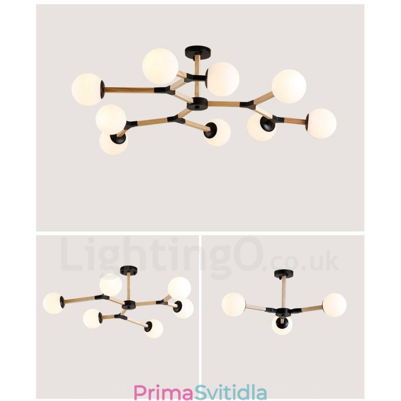 Dřevěný Nordic Modern Magic Bean Wood Molekulární lustr se skleněnými stínidly