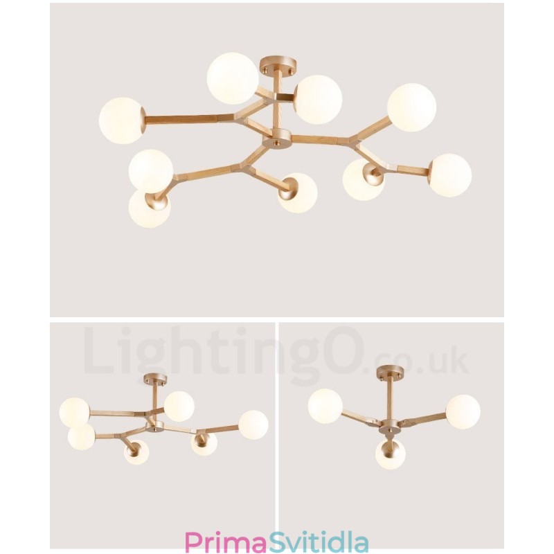 Dřevěný Nordic Modern Magic Bean Wood Molekulární lustr se skleněnými stínidly