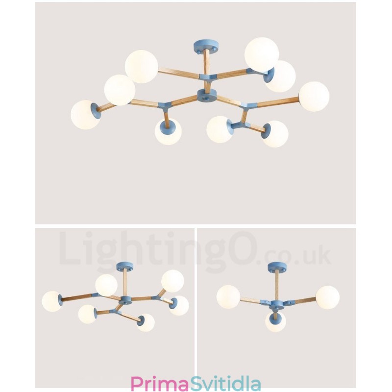 Dřevěný Nordic Modern Magic Bean Wood Molekulární lustr se skleněnými stínidly