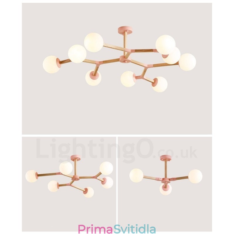 Dřevěný Nordic Modern Magic Bean Wood Molekulární lustr se skleněnými stínidly