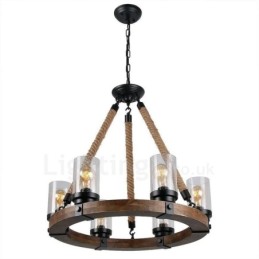 6 Light Ring Vintage dřevěný lustr Průmyslové Wind Loft Wood Lineární závěsné osvětlení