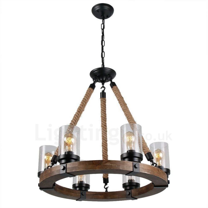 6 Light Ring Vintage dřevěný lustr Průmyslové Wind Loft Wood Lineární závěsné osvětlení