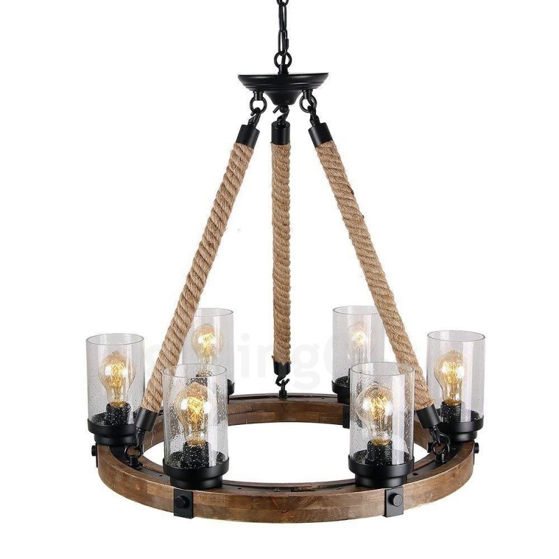 6 Light Ring Vintage dřevěný lustr Průmyslové Wind Loft Wood Lineární závěsné osvětlení