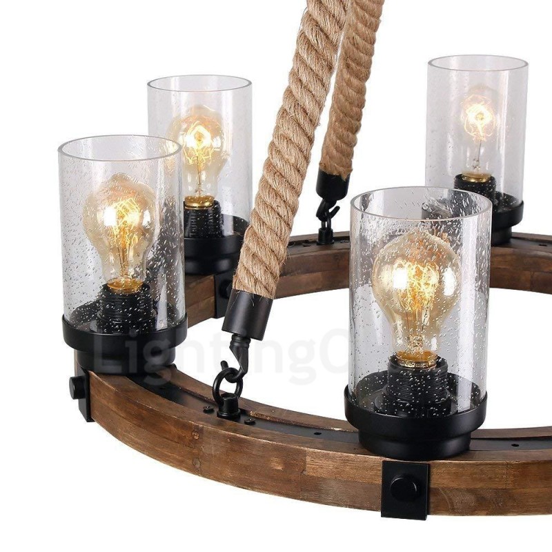 6 Light Ring Vintage dřevěný lustr Průmyslové Wind Loft Wood Lineární závěsné osvětlení