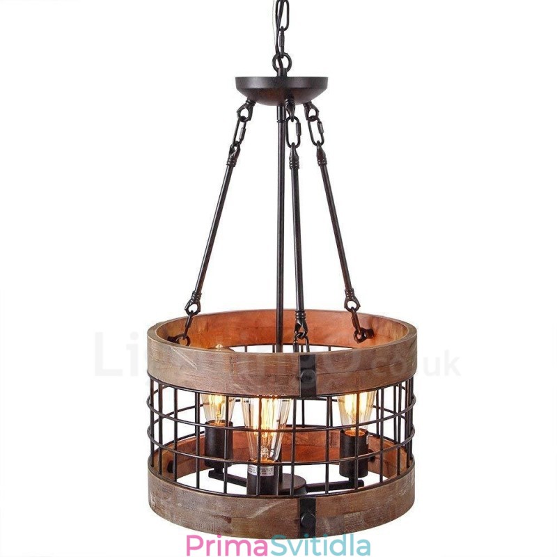 3 Light Drum Vintage dřevěný lustr Industrial Wind Loft Wood Lineární závěsné osvětlení