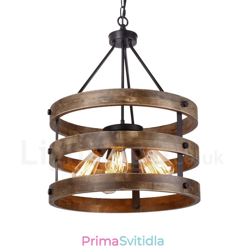 5 Light Drum Vintage dřevěný lustr Průmyslové Wind Loft Wood Lineární závěsné osvětlení