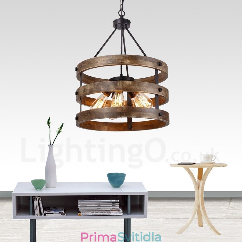 5 Light Drum Vintage dřevěný lustr Průmyslové Wind Loft Wood Lineární závěsné osvětlení
