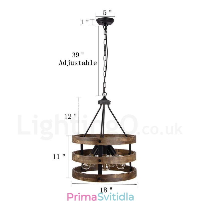 5 Light Drum Vintage dřevěný lustr Průmyslové Wind Loft Wood Lineární závěsné osvětlení