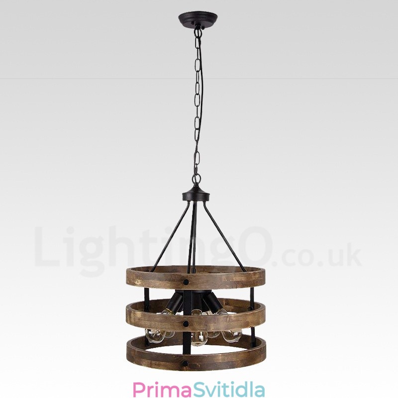 5 Light Drum Vintage dřevěný lustr Průmyslové Wind Loft Wood Lineární závěsné osvětlení