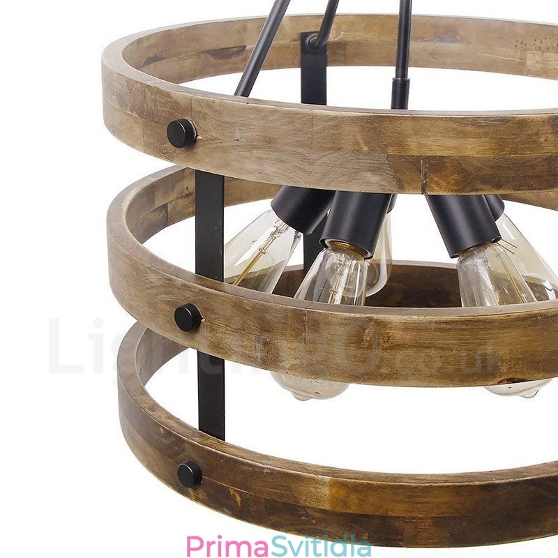 5 Light Drum Vintage dřevěný lustr Průmyslové Wind Loft Wood Lineární závěsné osvětlení