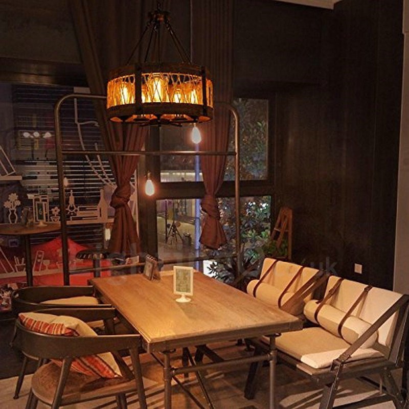 5 Light Drum Vintage dřevěný lustr Průmyslové Wind Loft Wood Lineární závěsné osvětlení