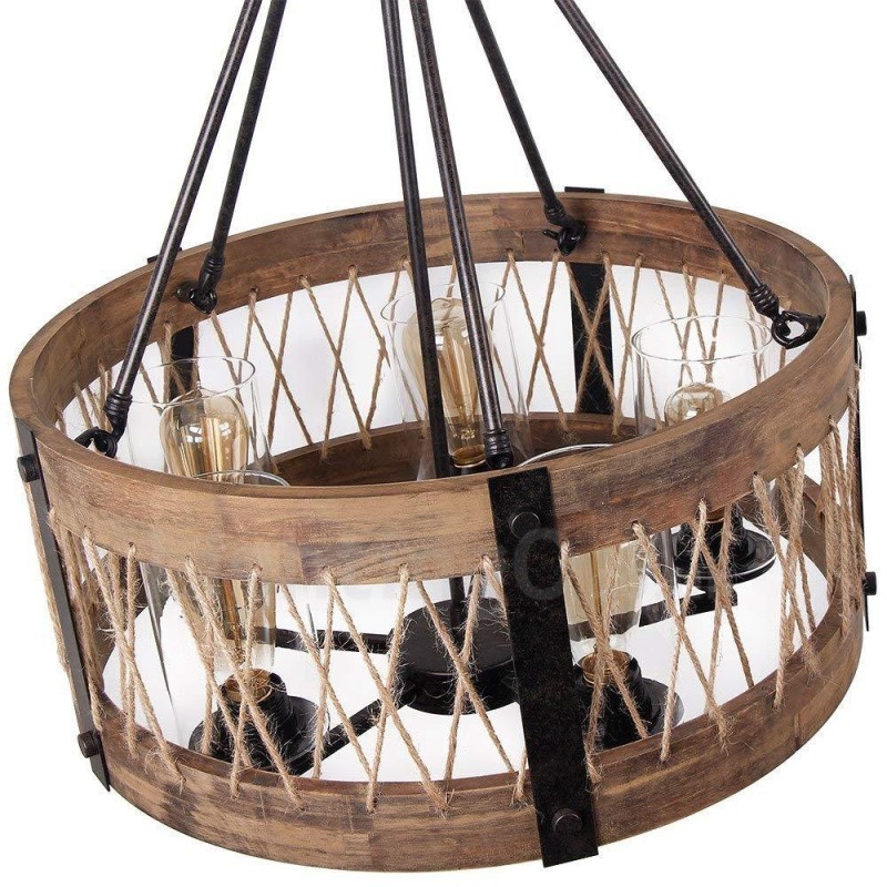 5 Light Drum Vintage dřevěný lustr Průmyslové Wind Loft Wood Lineární závěsné osvětlení