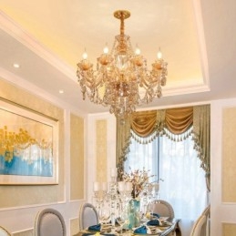 8 Světle jantarově zlatý elegantní křišťálový lustr se svíčkou
