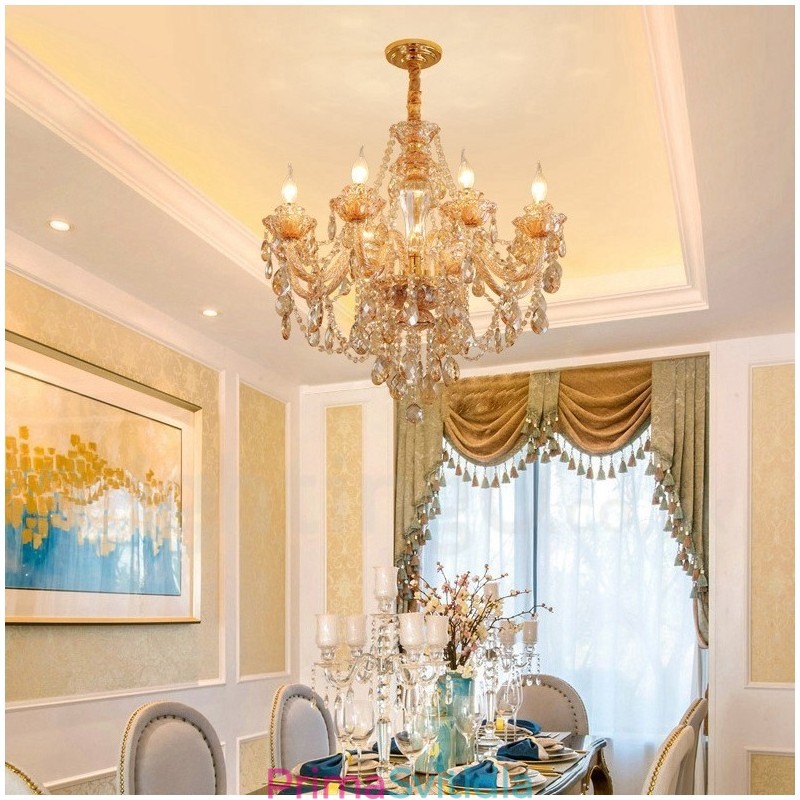 8 Světle jantarově zlatý elegantní křišťálový lustr se svíčkou