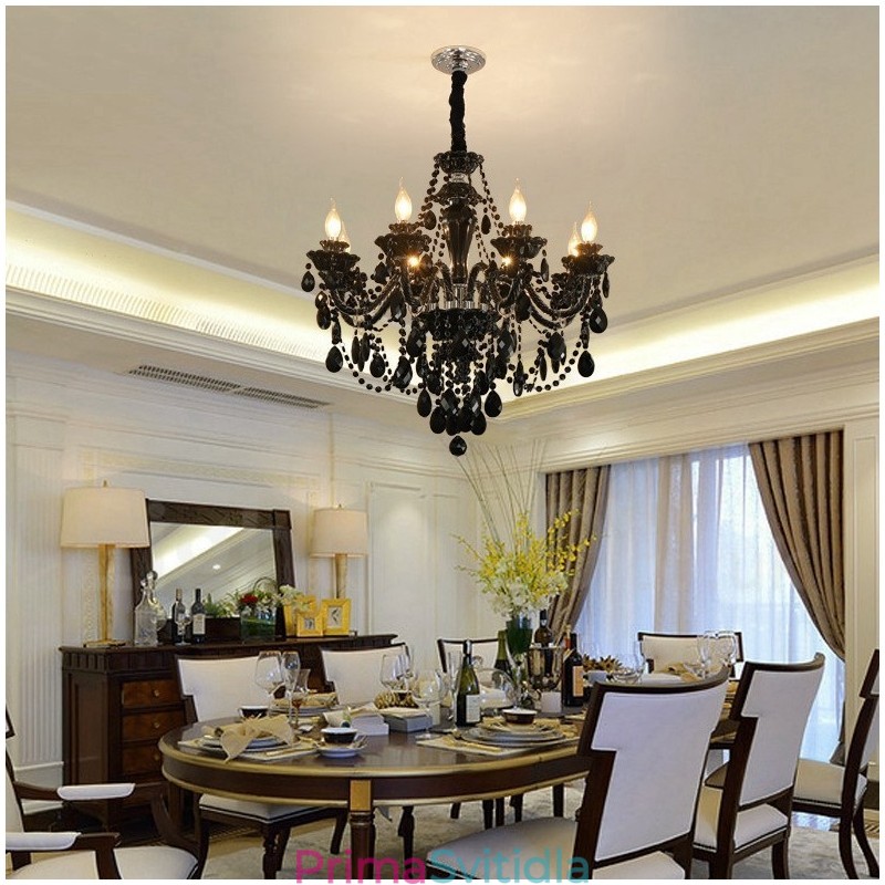 8 Světle černý elegantní křišťálový svíčkový lustr