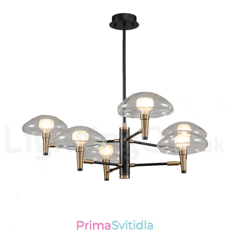 6 Light Uplight Galvanicky lakovaný lustr se skleněnými stínidly