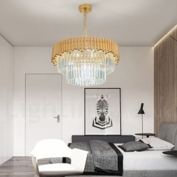 Postmoderní zlatý luxusní kulatý K9 křišťálový závěsný lustr Výstavní síň