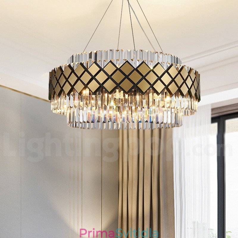 Luxusní moderní zlatý plus černý kulatý křišťálový závěsný lustr K9 výstavní síň