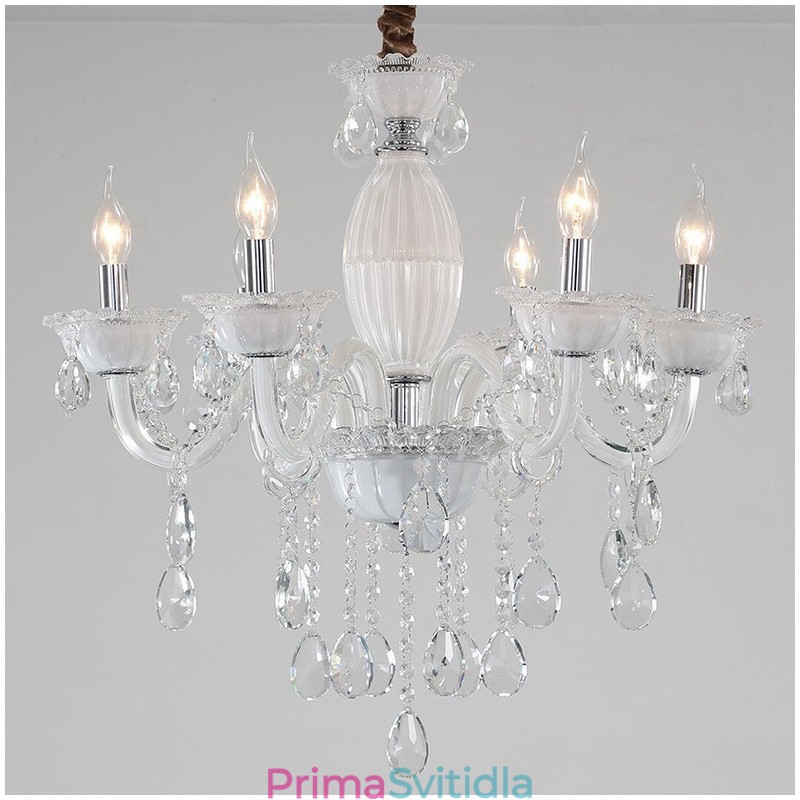 6 Light White Candle Luster with Crystal