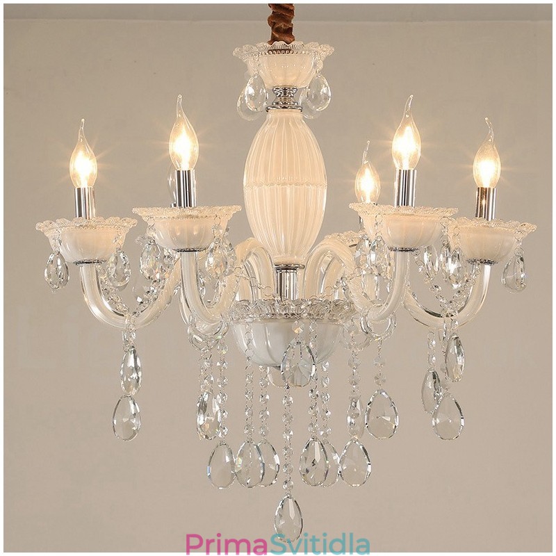 6 Light White Candle Luster with Crystal