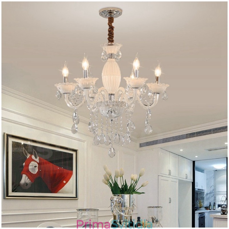 6 Light White Candle Luster with Crystal