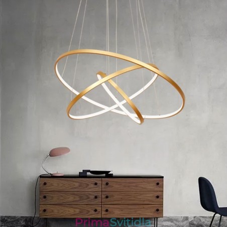 Stmívatelné závěsné světlo s dálkovým ovládáním Zlatý moderní design se třemi prstenci Stmívatelné závěsné světlo s dálkovým ovládáním Zlatý moderní design se třemi prstenci