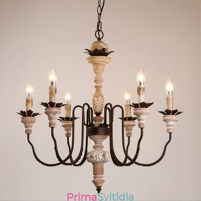 Country Vintage Wooden 6 Light Lustr Light