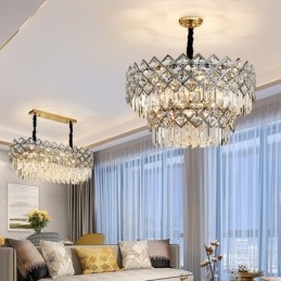 Dvoupatrový luxusní postmoderní černý a zlatý kulatý křišťálový závěsný lustr K9