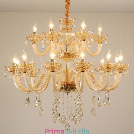 Elegantní křišťálový lustr Evropský koňakový barevný stropní svítidlo Skleněné tělo Dvouvrstvé 12+6 světel Elegantní křišťálový lustr Evropský koňakový barevný stropní svítidlo Skleněné tělo Dvouvrstvé 12+6 světel
