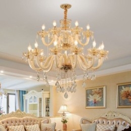 Elegantní křišťálový lustr Evropský koňakový barevný stropní svítidlo Skleněné tělo Dvouvrstvé 12+6 světel