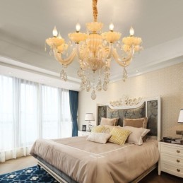 Poutavý křišťálový lustr Evropský koňakový barevný stropní lampa Skleněné tělo 8 světel