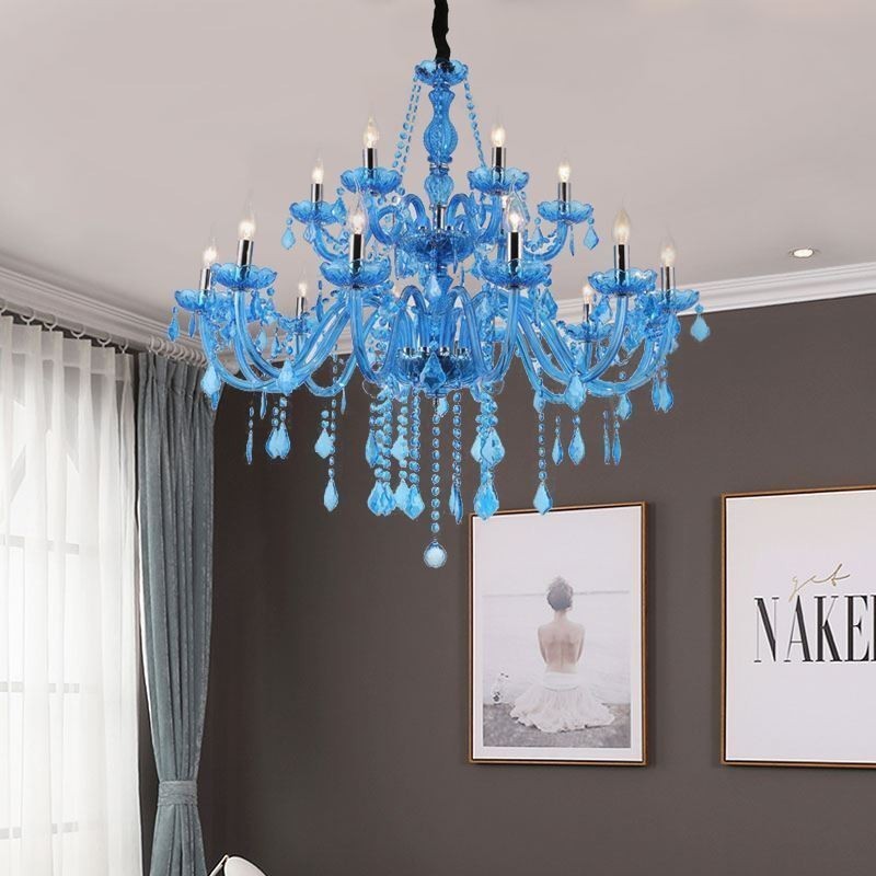 Velký křišťálový lustr Evropský přívěsek Světle modrá barva Esthetic