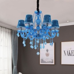 Modrý křišťálový lustr evropského stylu Jedinečné závěsné světlo