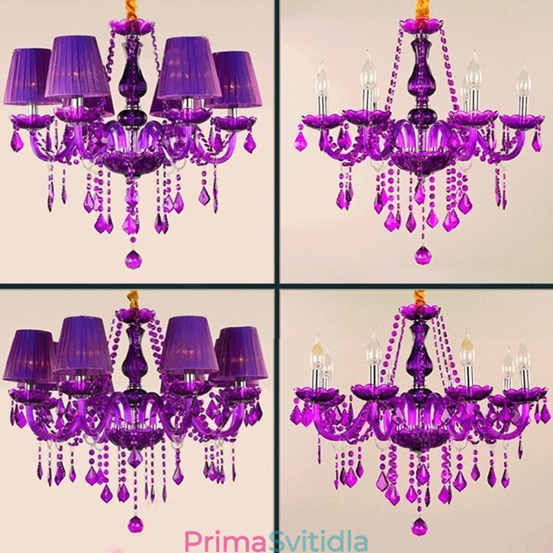 Elegantní křišťálový lustr v evropském stylu fialové závěsné světlo