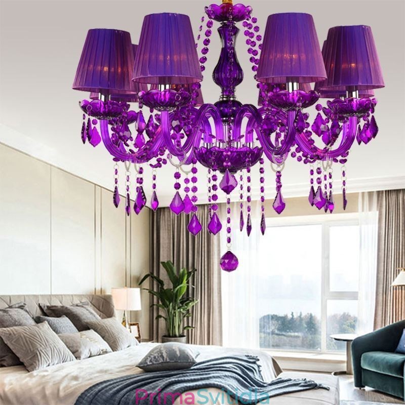 Elegantní křišťálový lustr v evropském stylu fialové závěsné světlo