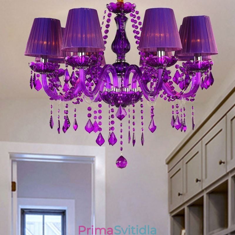 Elegantní křišťálový lustr v evropském stylu fialové závěsné světlo